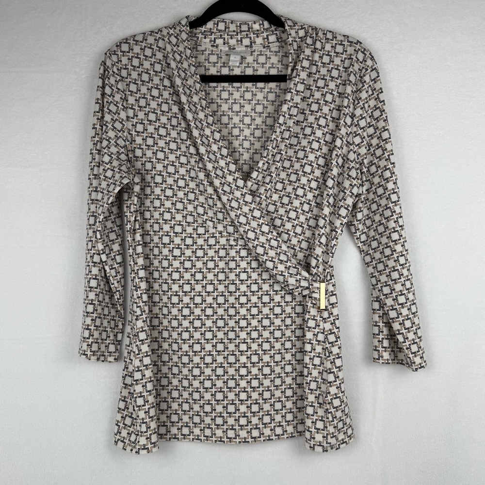 Charter Club Cream and Black Blouse, Faux Wrap, Gold Buckle, Women’s Medium
